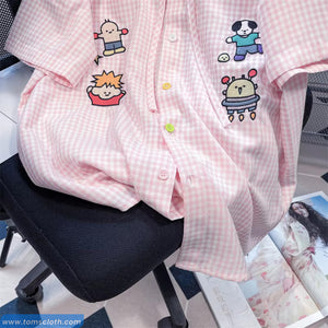 Pink Plaid Cartoon Embroidered Peter Pan Collar Blouse Shirt