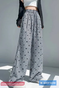 Elastic Waist Bow Pattern Plaid Pants