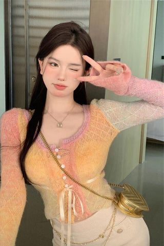 Flare Sleeve Laces Cropped Gradient Sweater