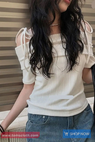 Short Sleeve Rope Ties Slash Neck Casual Slim Shirts