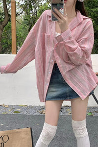 Long Sleeve Light Pink Striped Blouse Shirt