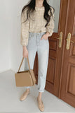 Three Quarter Sleeve Plaid Blouse Shirts