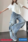 High Waist Retro Loose Cargo Pockets Jeans Pants