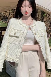 Long Sleeve White Elegant Tweed Jacket