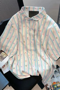 Short Sleeve Cute Little Art Pattern Striped Blouse Shirts