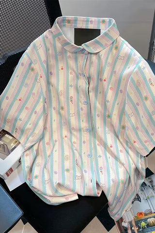 Short Sleeve Cute Little Art Pattern Striped Blouse Shirts