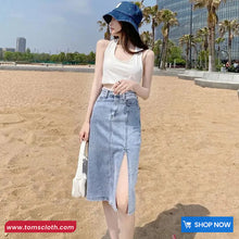 High Waist Cut Side Slit Denim Skirts