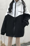 Black White Colors Combination Zipper Hooded Jacket