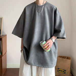 Loose Short Sleeve O-Neck Suede Men Shirt