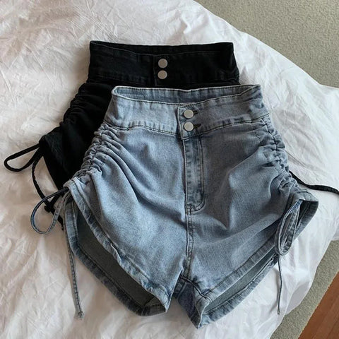 High Waist Side Wrinkled Denim Shorts