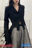Long Sleeve Lapel Collar Retro Blouse Black Shirt