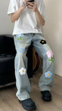 Vintage Flower Embroidered Long Men Jeans Pants