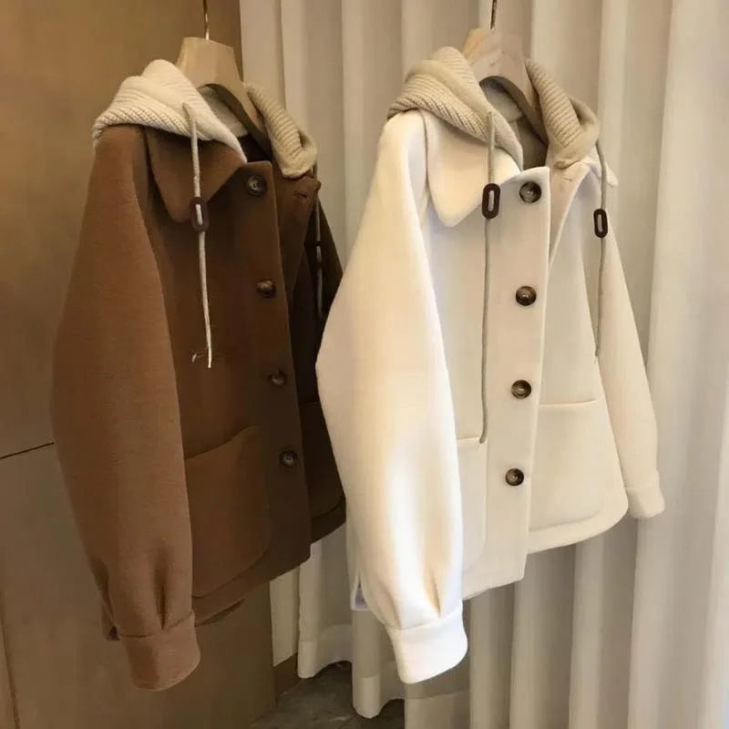 Woolen Hooded Stitching Coat Jacket