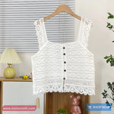 Square Neck Front Button Crochet Tops