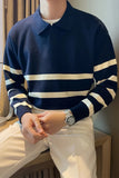 Long Sleeve Lapel Collar Knitted Stripe Sweater