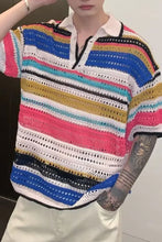 Turn Down Collar Striped Hollow Out Knitted Shirt