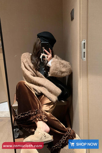 Loose Vintage Ruffles Wide Leg Velvet Pants