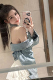 Long Sleeve Sexy Halter Neck Cropped Denim Jacket