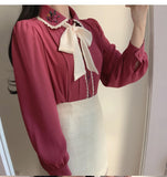 Long Sleeve Bow Tie Retro Flower Embroidered Blouse Shirt