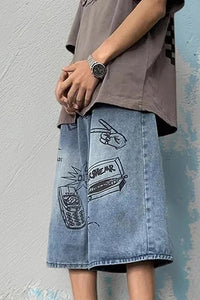 Loose 90s Theme Pattern Knee Length Denim Shorts