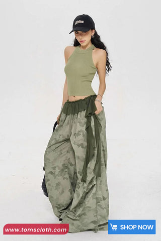 Loose Wide Leg Lace Patchwork Hip Hop Camouflage Pants