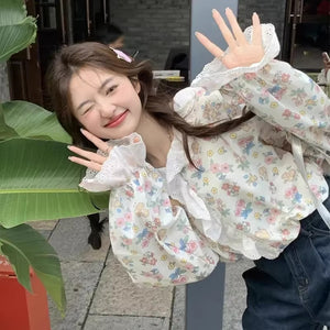 Loose Floral Pattern Vintage Ruffles Blouse Shirt