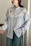 Long Sleeve Striped Embroidered Blouse Shirt