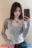 Long Sleeve Backless U-Neck Cropped Floral Shirts