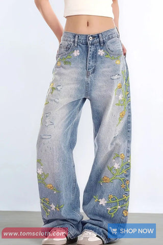 Retro Flowers Embroidered Women Jeans Pants