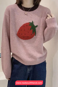 Long Sleeve Strawberry Printed Cute O-Neck Sweater