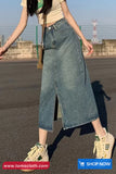 High Waist Cut Slit A-Line Denim Skirts