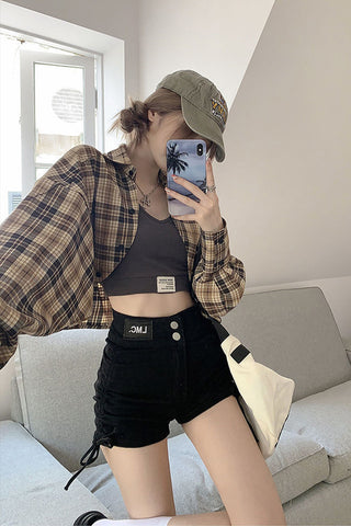 Retro Batwing Sleeve Cropped Plaid Shirts