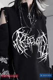 Long Sleeve Gothic Metal Printed Side Zipper Off Shoulder Shirt