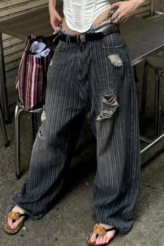 Retro Striped Hole Washed Black Denim Jeans Pants
