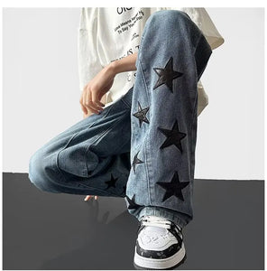 Loose Black Stars Printed Hip Hop Jeans Pants