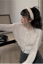 Long Sleeve Knitted Hollow Out Pearls Cardigan Sweater