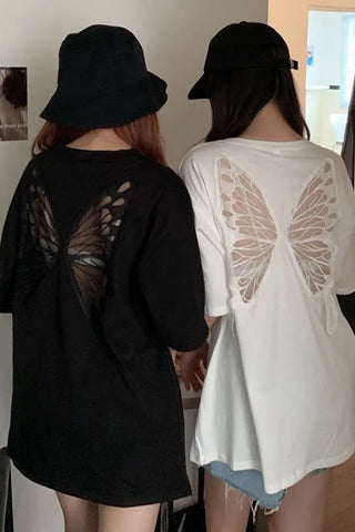 Short Sleeve Back Butterfly Pattern Hollow Out Shirt