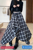 Vintage Woolen Plaid Asymmetrical Midi Skirts
