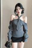 Long Sleeve Sexy Halter Off Shoulder Striped Blouse Shirts