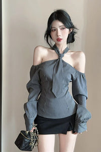 Long Sleeve Sexy Halter Off Shoulder Striped Blouse Shirts