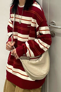 Loose Casual Red Striped O-Neck Sweater