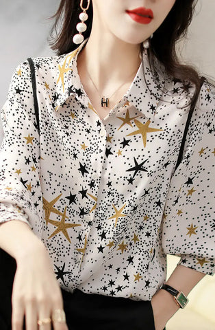 Long Sleeve Stars Printed Office Blouse Shirt