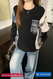 Long Sleeve Plaid Patchwork Knitted Black Sweater