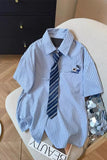 Loose Retro Blue Striped Blouse With Tie