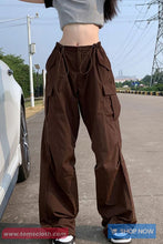 Retro Drawstring Waist Brown Cargo Pants