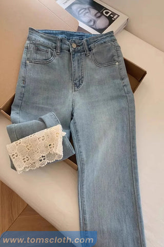 High Waist Lace Embroidery Ankle Slim Stretch Jeans Pants