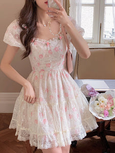 Elegant Floral Pattern Sweet Lace Mini Dress