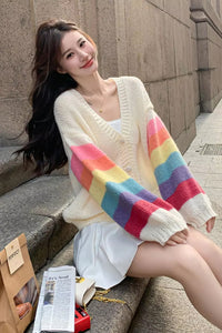 Long Rainbow Sleeve V-Neck Cardigan Sweater