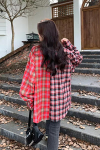 Loose Long Sleeve Plaid Colors Combination Blouse Shirt