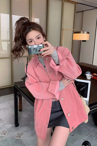 Long Sleeve Turn Down Collar Pink Corduroy Jacket